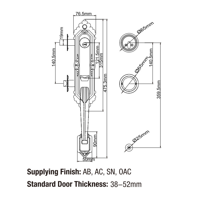 Cerradura de puerta americana Conjunto de manija de puerta de entrada de aleación de zinc de doble pestillo